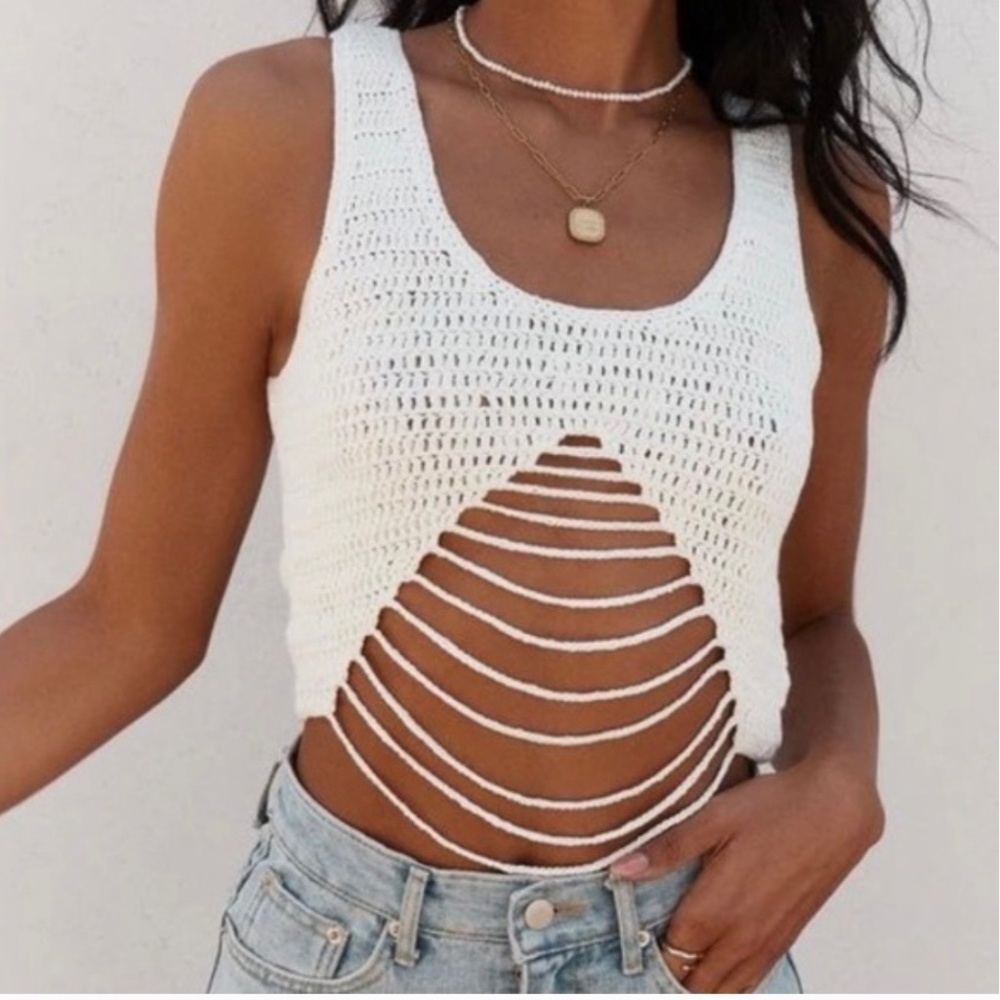 12th Tribe Bogota White Open Knit Crochet Tank